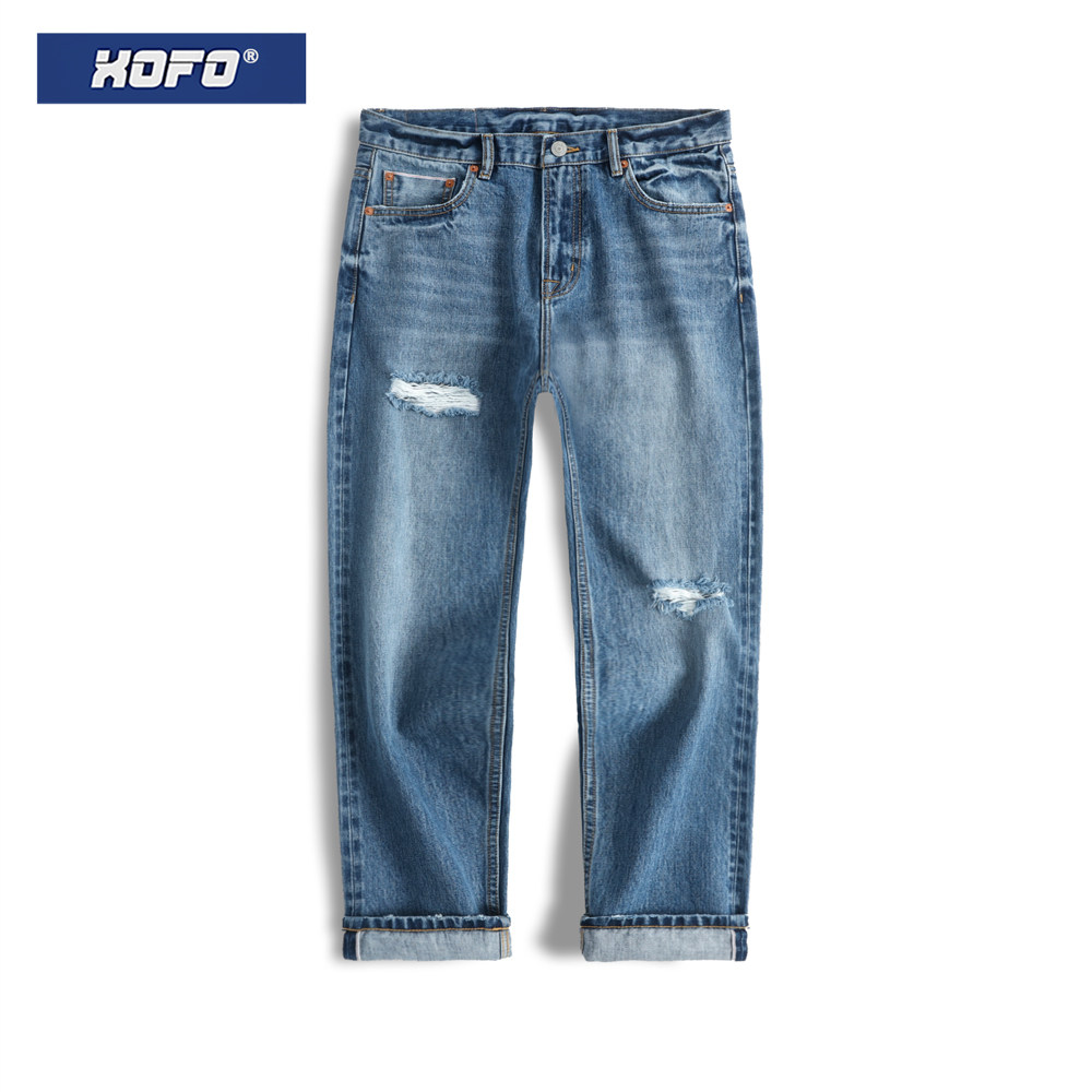 冬新款浅色破洞牛仔裤男款休闲直筒宽松赤耳丹宁水洗长裤子潮牌