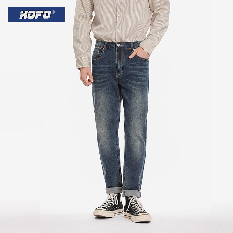XOFO深色牛仔裤男款夏季宽松直筒休闲痞帅弹力修身小脚长裤潮牌