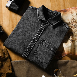 秋新款美式复古洗水牛仔长袖衬衫男衬衣内搭休闲男士高级感外套