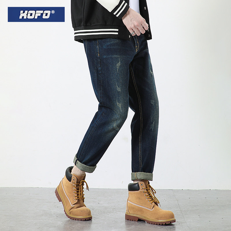 26新款做旧休闲直筒宽松九分复古潮流破洞赤耳丹宁牛仔裤男夏季