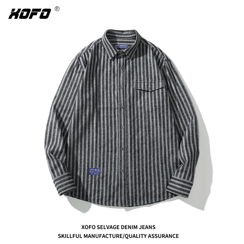 XOFO 2026新款纯棉磨毛黑灰条纹长袖衬衫男士秋季日系港风休闲
