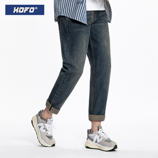冬新款赤耳丹宁牛仔裤男款宽松直筒复古做旧冬天小脚长裤子潮