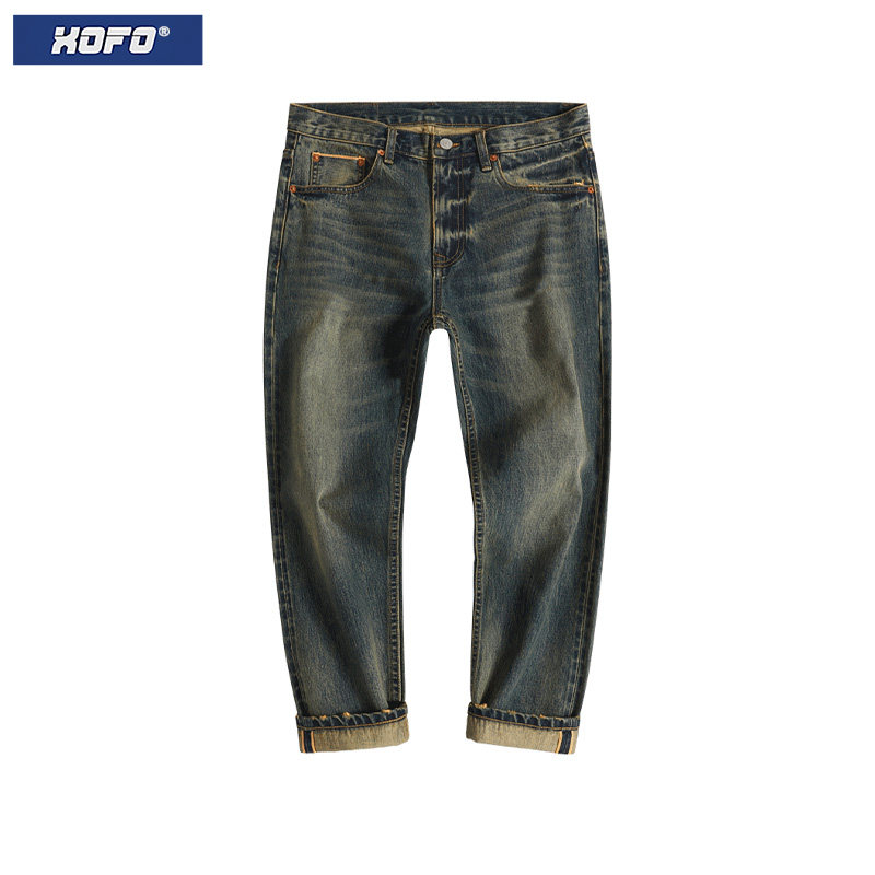 XOFO新款宽松休闲舒适九分牛仔裤男士冬季小脚美式复古