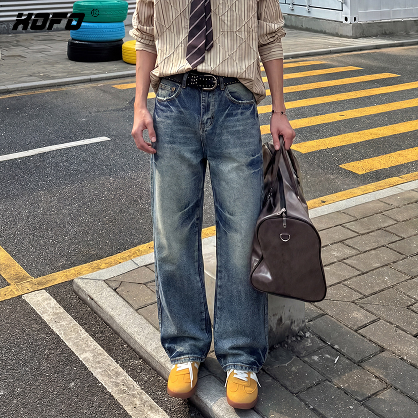 经典蓝宽松阔腿男士牛仔裤百搭