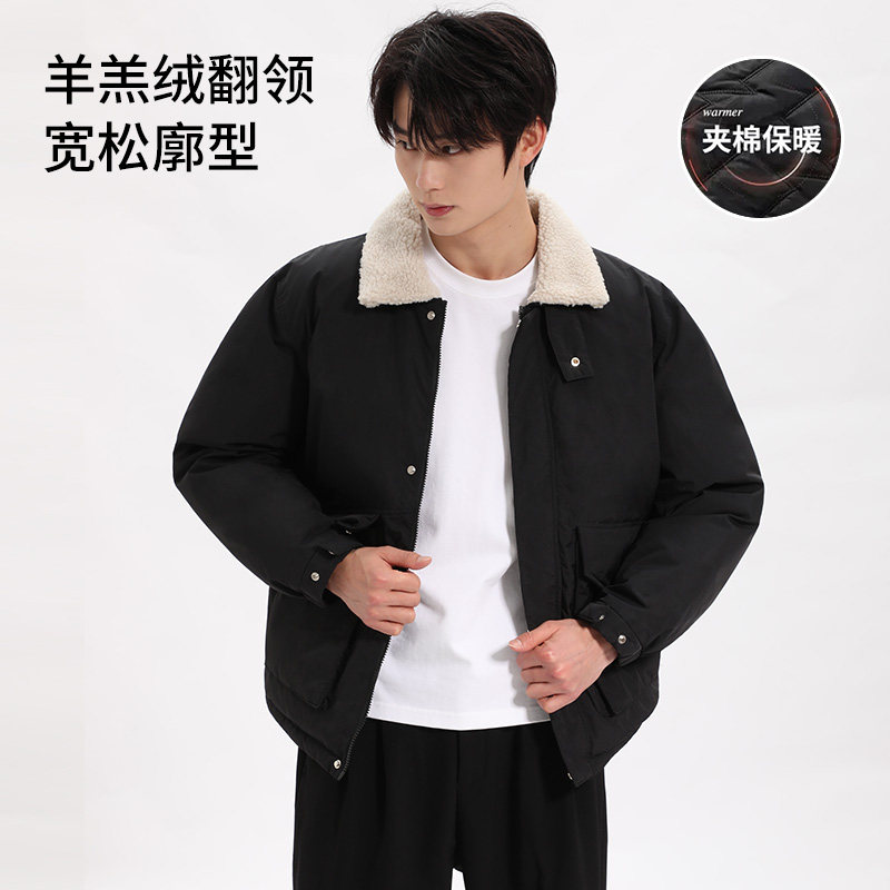 羊羔绒翻领夹棉保暖夹克卫衣