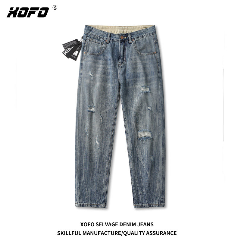 xofo新款复古破洞牛仔裤男夏季宽松九分锥形小脚裤子潮流设计感