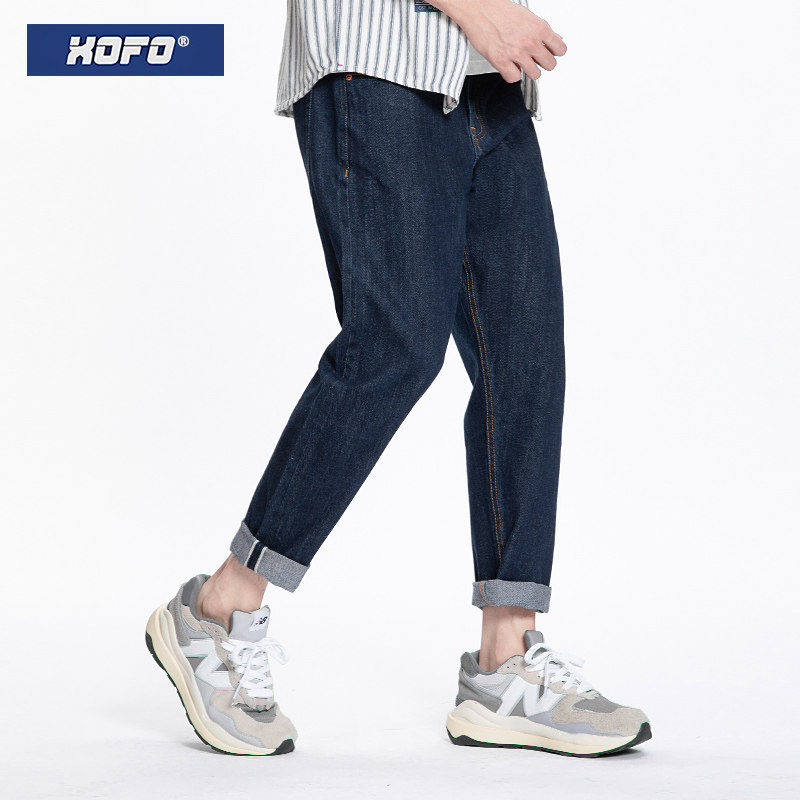 冬款直筒美式牛仔裤男2026新款美式深蓝色复古宽松修身小脚长裤