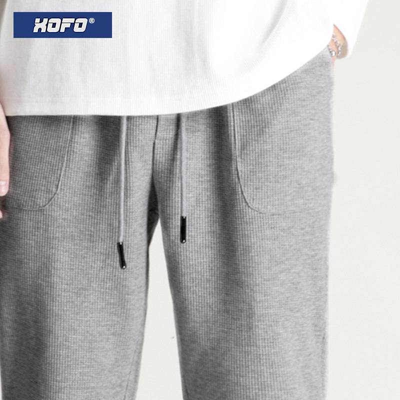冬季华夫格灰色垂感休闲裤直筒宽松长裤 冬款束脚弹力卫裤男潮