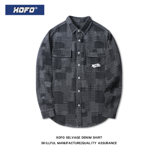 内搭上衣休闲衬衣男士 黑色牛仔格子衬衫 港风修身 秋季 外套 男长袖