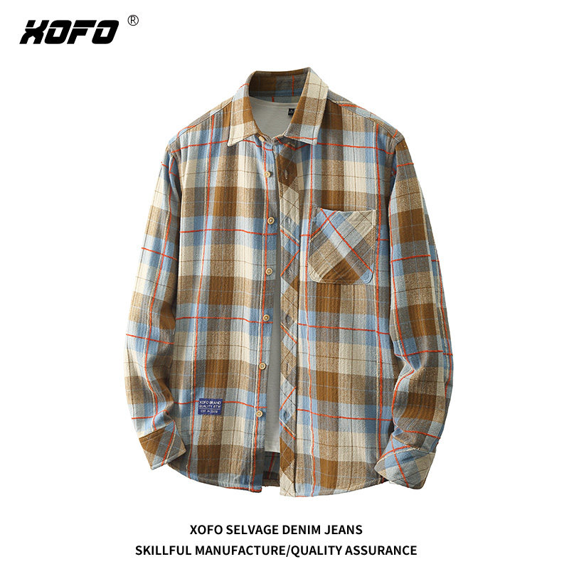 XOFO复古格子衬衫男长袖休闲宽松港风外套男装上衣简约潮流衬衣潮