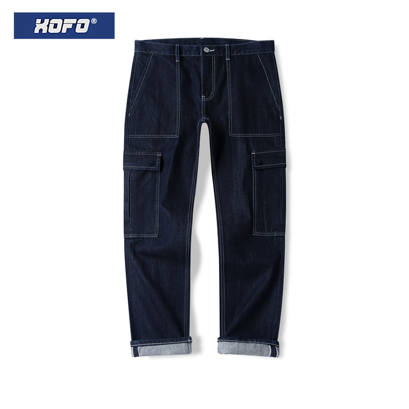 xofo新款深蓝色工装赤耳牛仔裤男款冬休闲宽松直筒阔腿长裤子潮