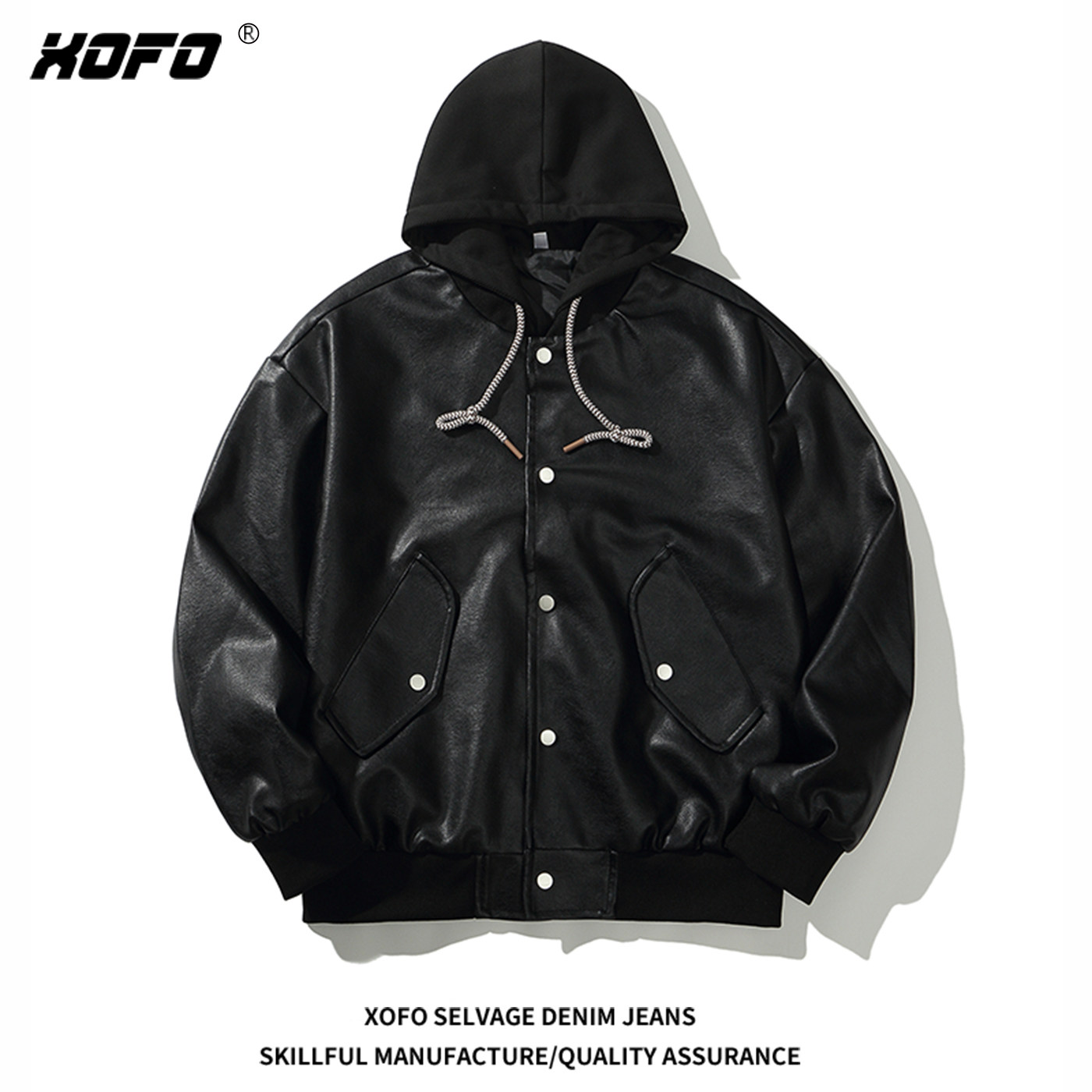 重磅假两件连帽PU皮衣男秋冬宽松夹克痞帅机车风外套加绒可选新款