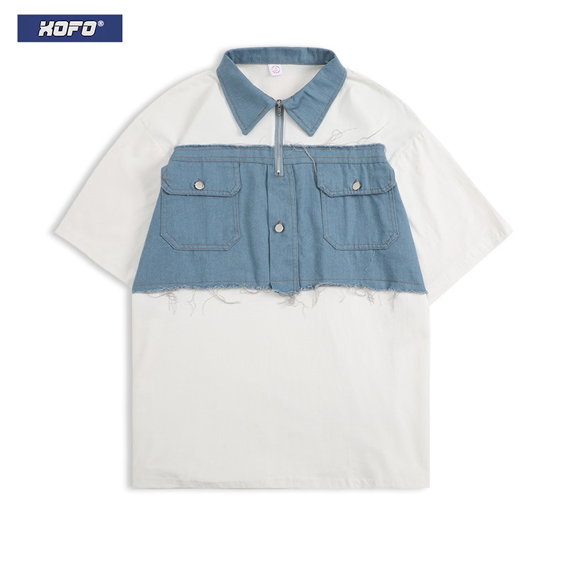 夏季新款白色短袖衬衫男牛仔拼接休闲宽松落肩POLO领衬衣男士外套