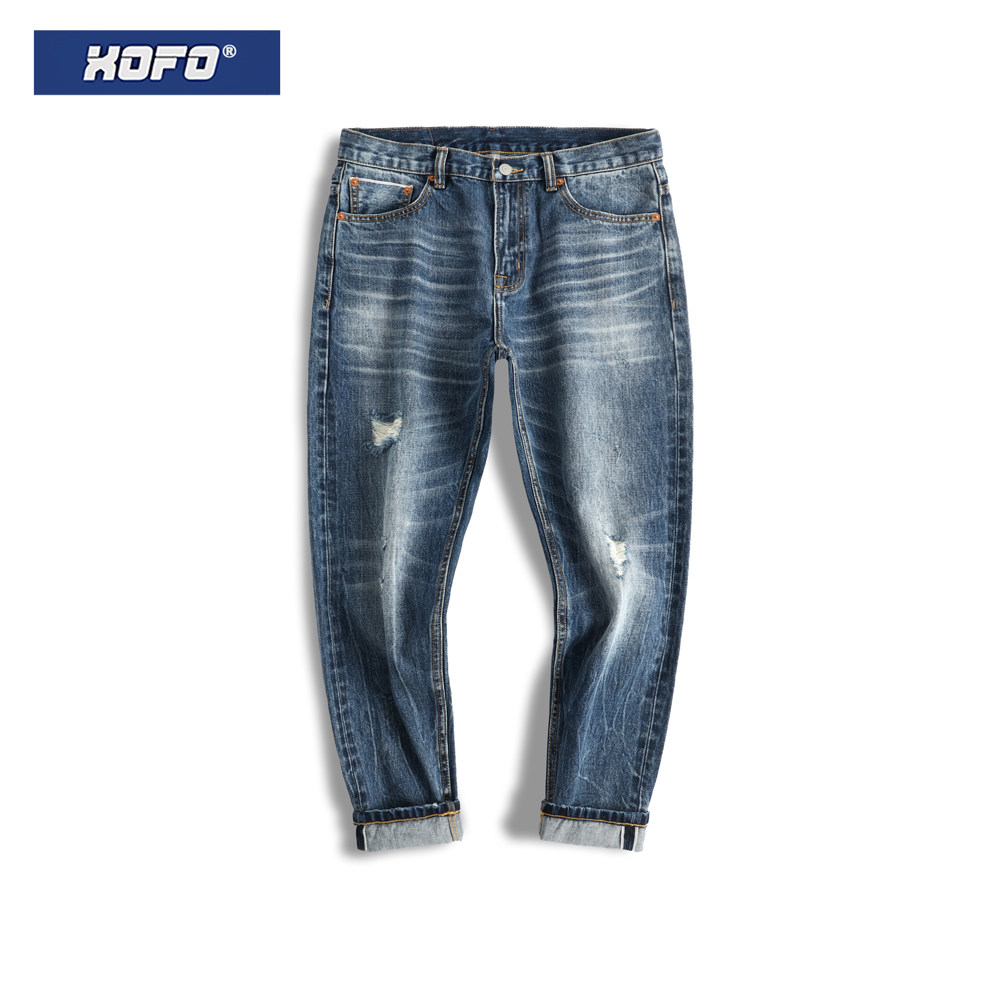 夏新款破洞九分牛仔裤男直筒宽松赤耳丹宁水洗锥形小脚休闲裤子
