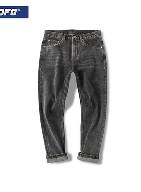xofo复古磨砂黑色新款牛仔裤男款冬款宽松百搭小脚九分裤子男士