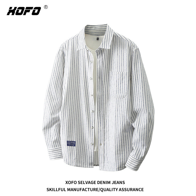 日系条纹衬衫男长袖休闲百搭宽松外套潮牌男装港风简约秋冬款衬衣