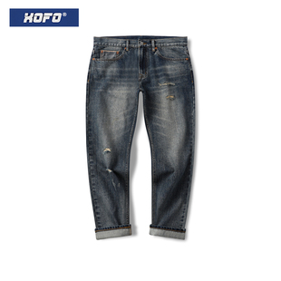 子潮流高街裤 冬赤耳丹宁直筒宽松裤 男款 破洞复古水洗九分牛仔裤