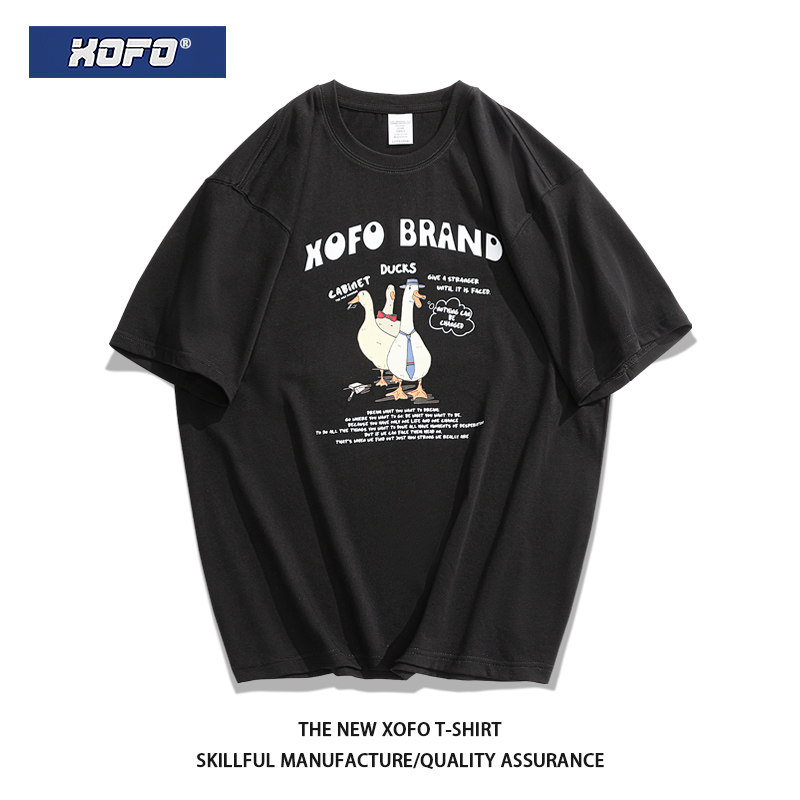 黑色夏季纯棉短袖情侣t恤百搭休闲鸭子印花男士宽松透气半袖体恤