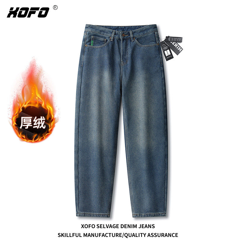 2026年加绒加厚复古做旧牛仔裤男士冬季宽松小直筒长裤子日系潮流