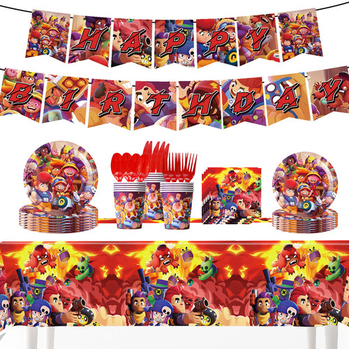 荒野乱斗游戏主题派对装饰餐具横幅气球拉旗桌布Brawl Stars纸盘