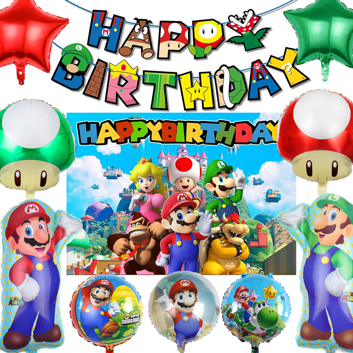 超级马力欧主题生日布置玛丽拉旗马里奥气球背景布派对装饰用品
