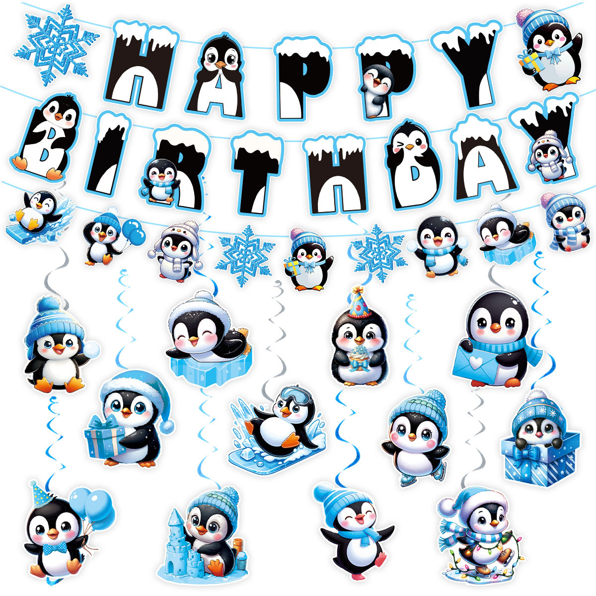 冬季冰雪节日生日派对装饰套装 企鹅拉旗气球螺旋吊饰布置横幅