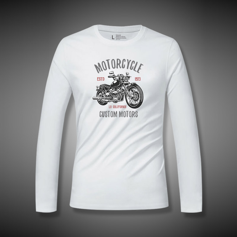 ZGHW薄款圆领长袖t恤男装白色摩托车印花内搭修身休闲百搭上衣服