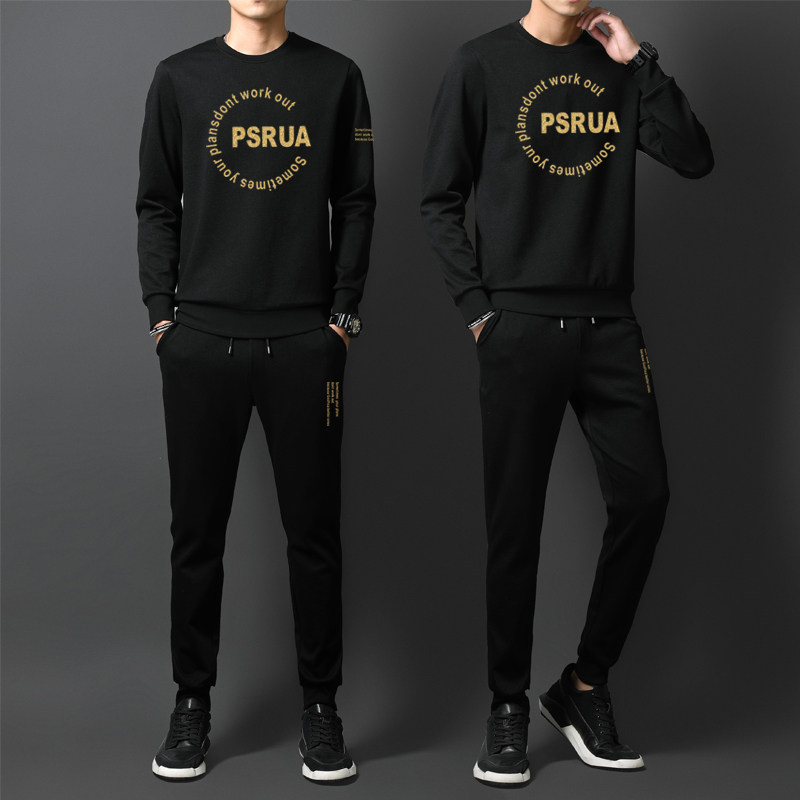 卫衣男套装两件套潮休闲春装2025新款圆领字母印花加绒男士休闲装