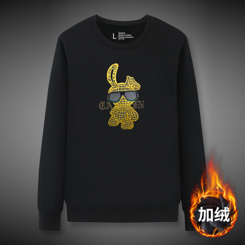 ZGHW卫衣男秋冬季加绒保暖圆领黑色无帽上衣服修身潮流长袖外套衫