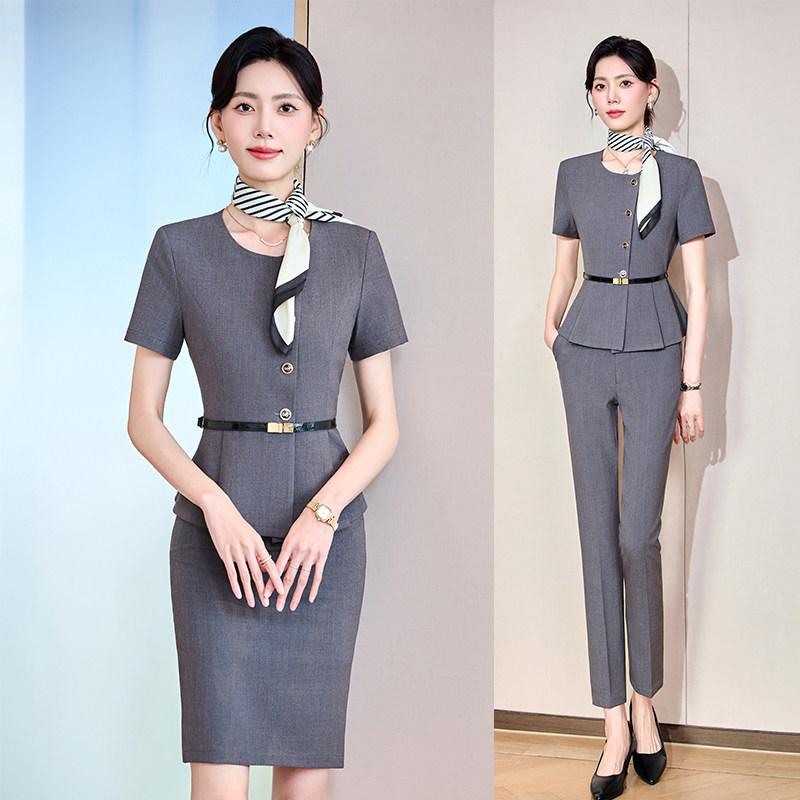美容师职业装灰色短袖套装修身西服正装夏季工作服酒店前台工装女