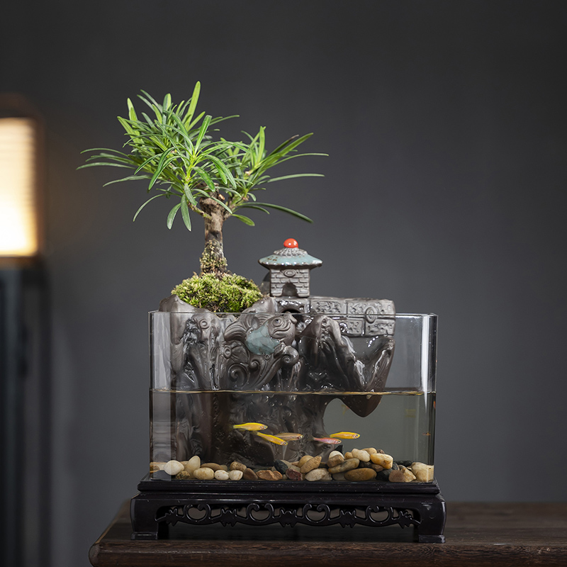 小型植物鱼缸造景假山罗汉松客厅流水摆件循环水景观创意家居饰品
