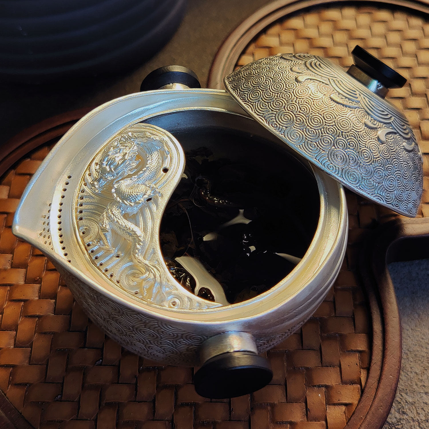 凡尚一物太极999纯银龙茶壶手工足银雕花功夫茶具旅行快客手抓壶