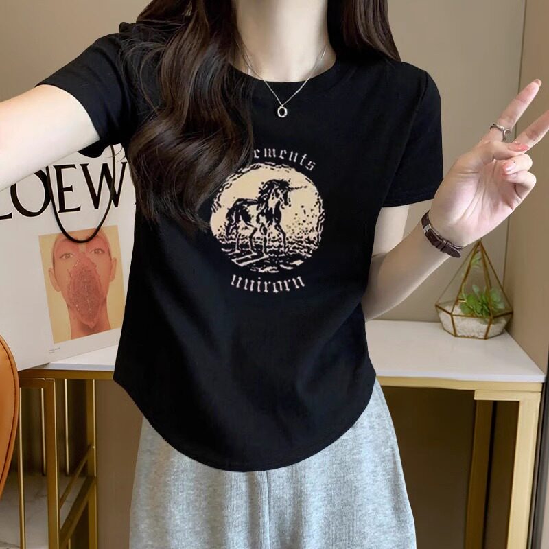 韩版欧货黑色潮牌纯棉设计感修身显瘦短袖T恤女2024夏新款上衣潮