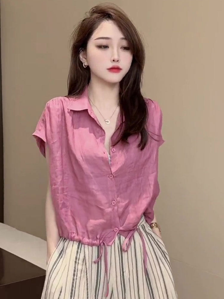 韩版凉感苎麻短袖衬衫2024新款女夏季港风气质减龄棉麻上衣女亚麻
