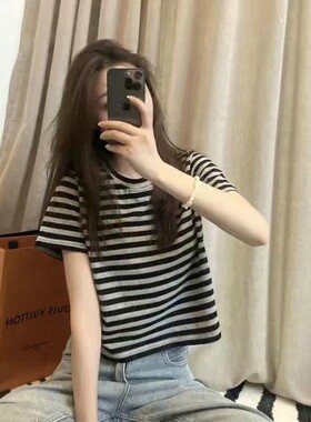 韩国超火cec心机短袖百搭上衣夏黑灰条纹t恤女小众宽松ins潮韩版