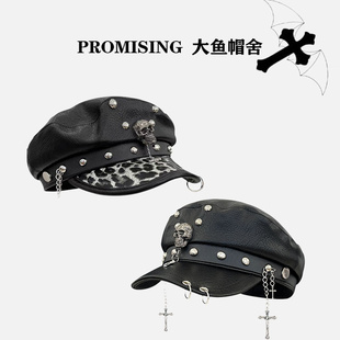 原创朋克暗黑铆钉贝雷帽y2k皮扣亚文化豹纹辣妹百搭平顶帽鸭舌帽