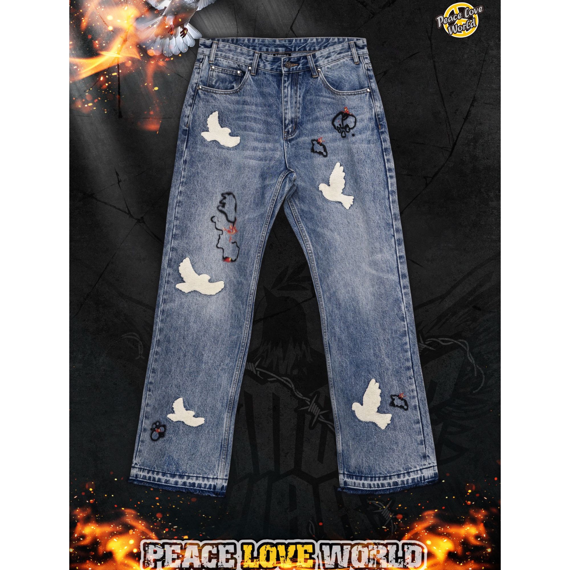 “NO MORE WAR”鸽子火焰刺绣牛仔裤