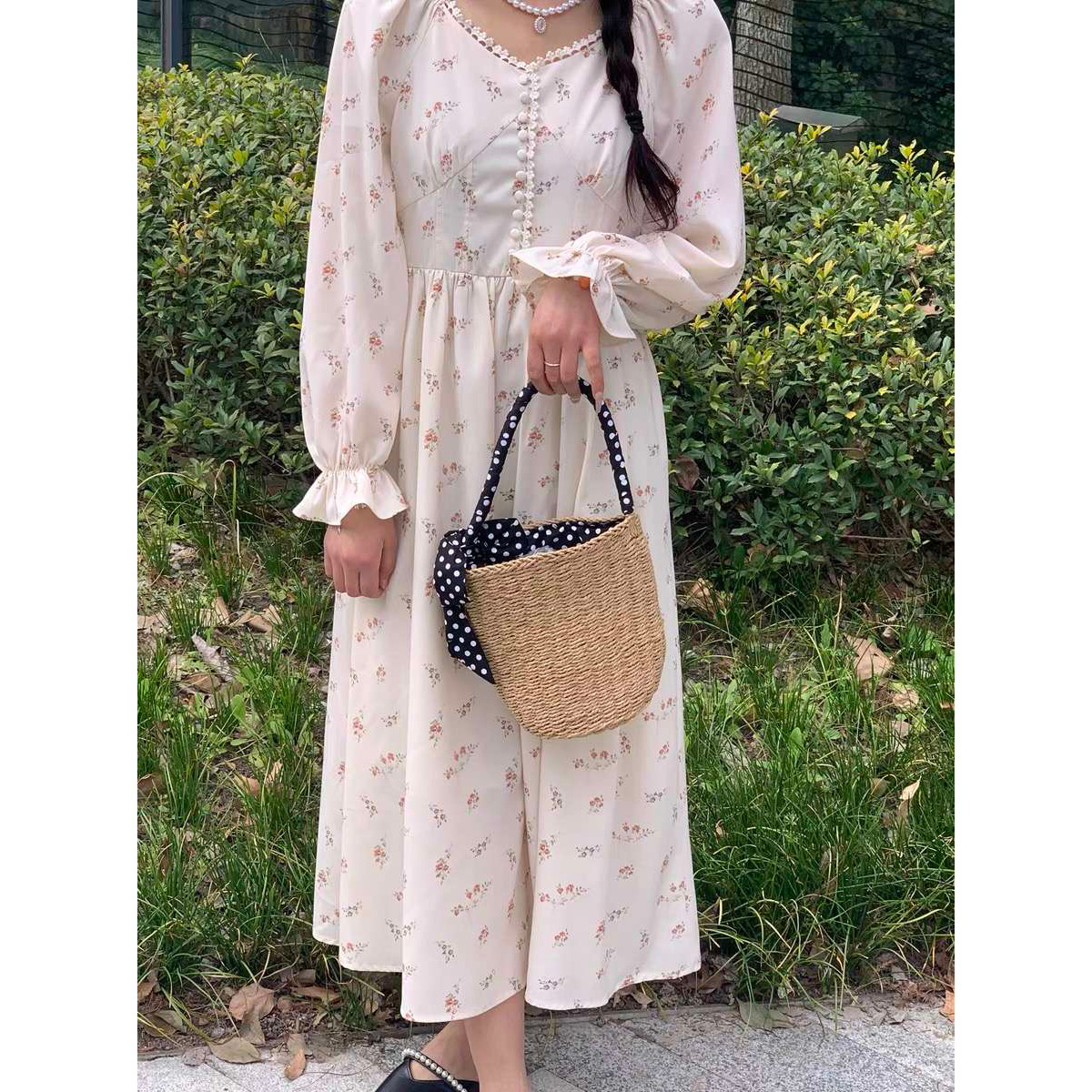 2025新款甜美碎花雪纺春夏款复古连衣裙初恋法式浪漫长裙高腰显瘦