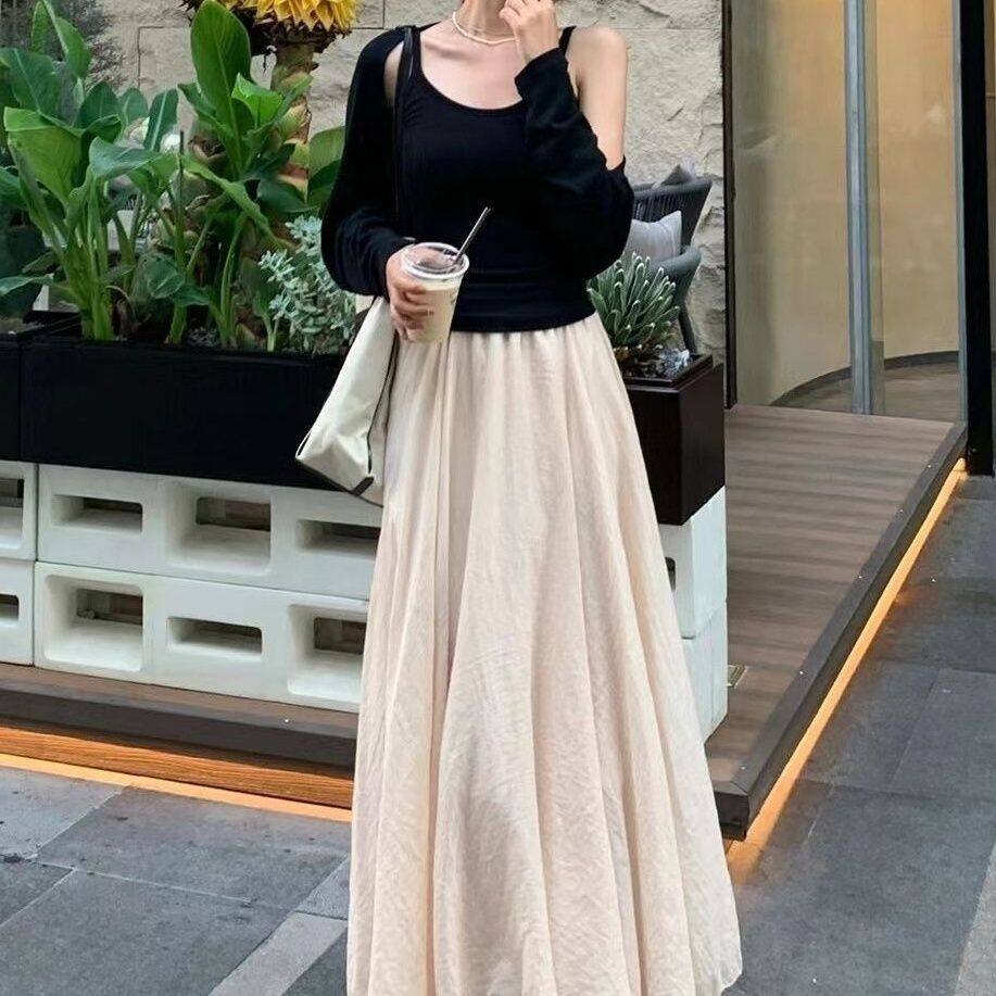 2026春夏季双层棉麻半身裙高腰显瘦大摆裙复古森女文艺超长半身裙