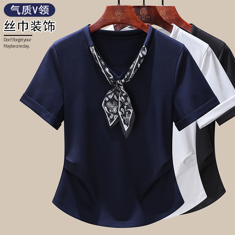 白色V領(lǐng)短袖女t恤2025新款爆款夏季絲巾設(shè)計(jì)感小眾超好看氣質(zhì)上衣