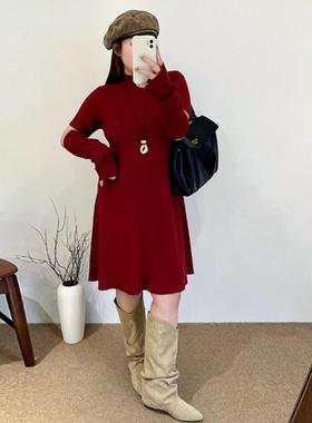 大码女装半高领毛衣裙女中长款针织裙2025冬胖mm袖套连衣裙23670