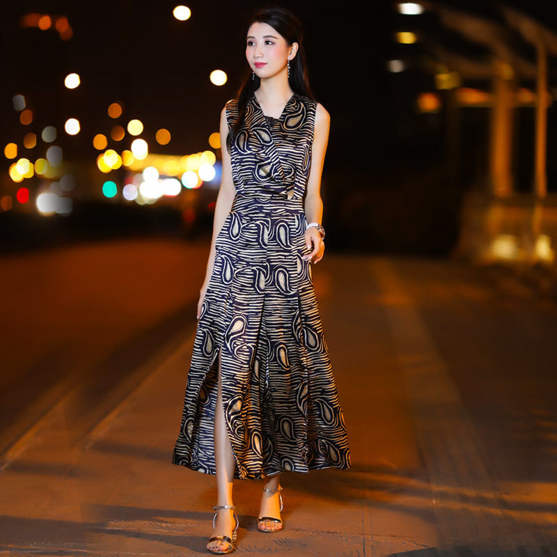 【品牌热卖】潮流新品夏季女装时尚气质印花修身无袖连体阔腿裙裤