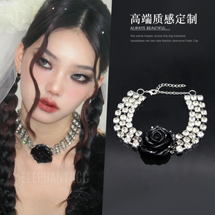 甜酷黑玫瑰闪钻花朵choker礼服项链个性轻奢晚会生日聚会锁骨链女