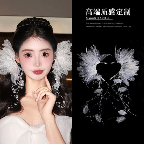 森系超仙布艺羽毛花朵侧边发夹