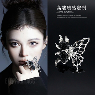 黑玫瑰液态蝴蝶戒指冷淡风辣妹食指戒金属甜酷暗黑夸张可调节指环