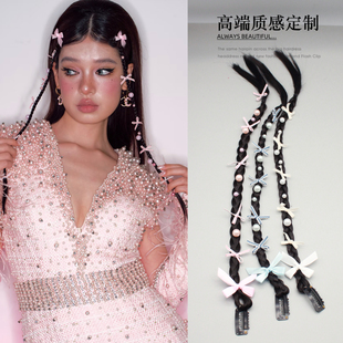 辣妹音乐节假发辫子甜酷蝴蝶结珍珠麻花辫成品发夹飘带刘海辫顶夹