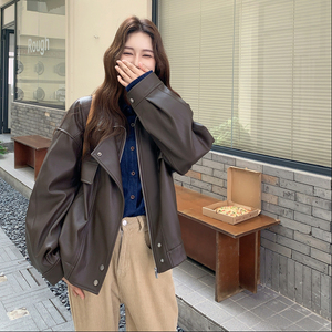 减龄复古炸街咖色翻领皮衣短外套女春秋2025新款高级感PU夹克超火，女装皮衣，浙宝183