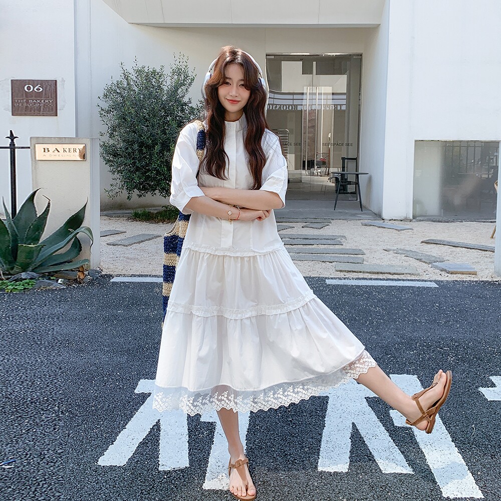 新款183-6626P125K188花边拼接新中式立领连衣裙奶白，女装连衣裙，浙宝183
