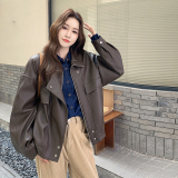 减龄复古炸街咖色翻领皮衣短外套女春秋2025新款高级感PU夹克超火，女装皮衣，浙宝183