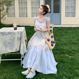 韩系甜美木耳边碎花吊带连衣裙女2025夏季新款氛围感宽松a字长裙，女装连衣裙，浙宝183